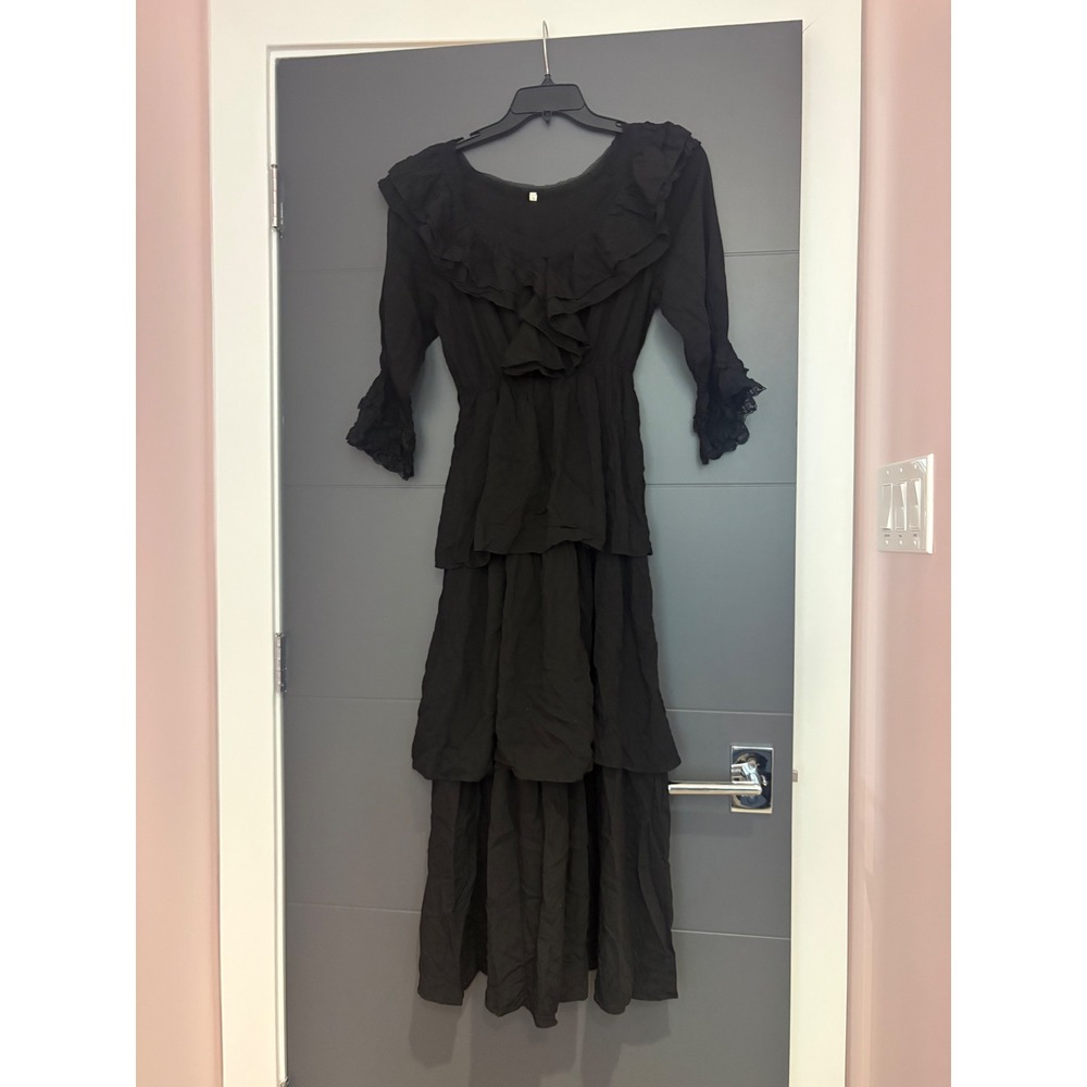 Black Ruffle Tiered Maxi Dress Lace Trim Bell Sleeve Boho Gothic Smocked Waist S